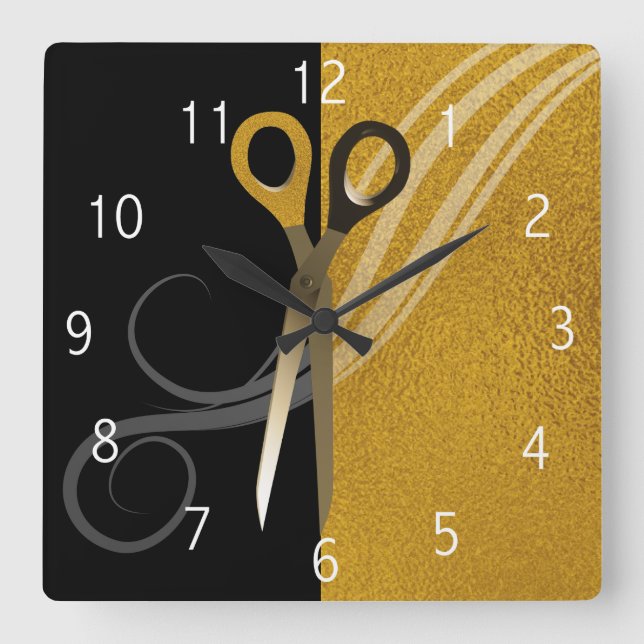 Gold & Black Hair Curl & Scissors | Hair Salon Square Wall Clock (Front)