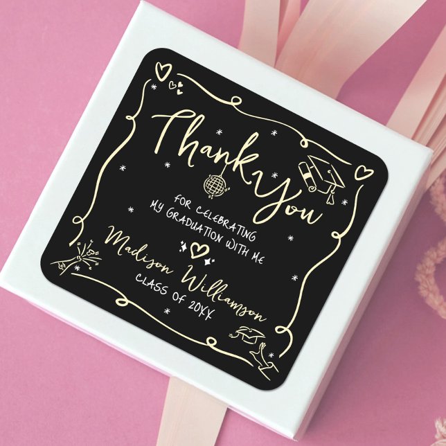 Gold Black Hand Drawn Doodles Graduation Thank You Square Sticker (Creator Uploaded)