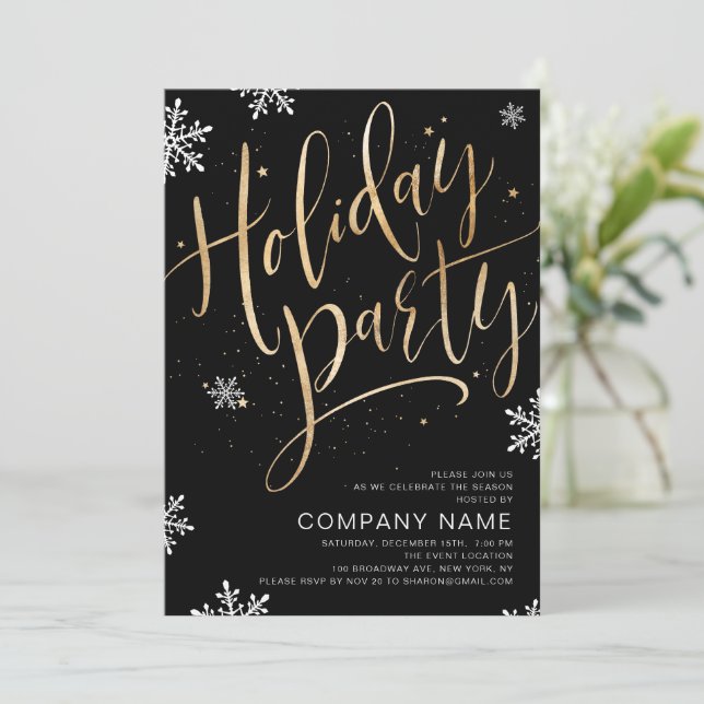 gold black handwritten calligraphy holiday Party Invitation (Standing Front)
