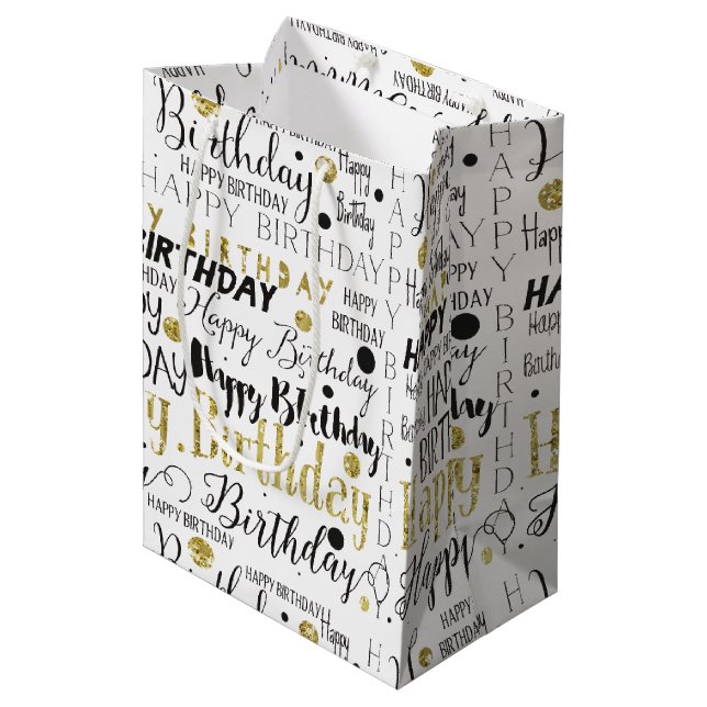 Gold Black Happy Birthday Confetti Medium Gift Bag (Front Angled)