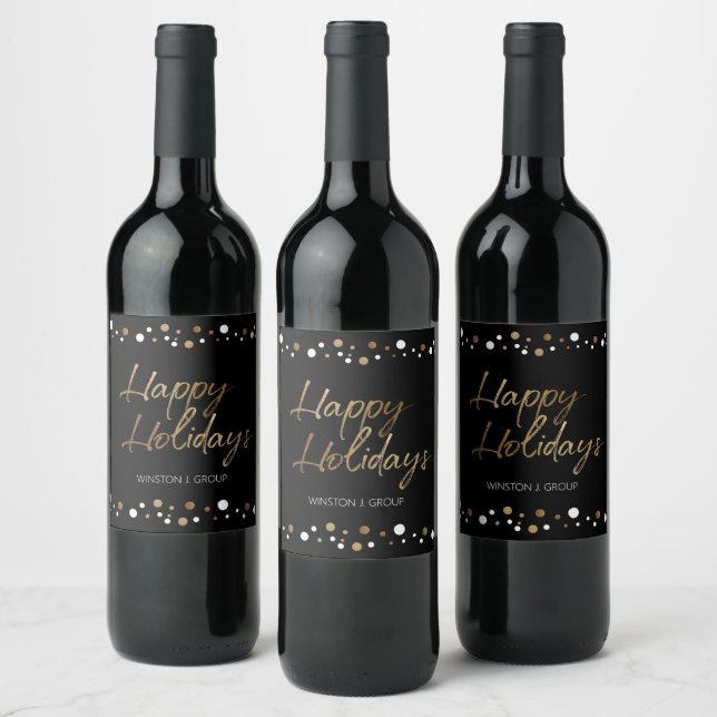 Gold Black Happy Holidays  Business Name Christmas Wine Label (Bottles)