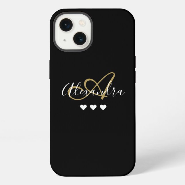 Gold Black Hearts Script Name Monogram iPhone Case (Back)