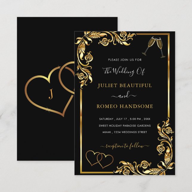 Gold Black Hearts Toast Glasses Wedding Invitation (Front/Back)