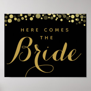 Gold & Black here comes the bride wedding sign