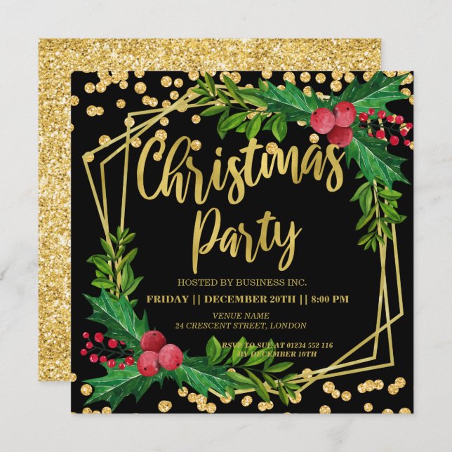 Gold Black Holly Frame Glitter Christmas Corporate Invitation (Front/Back)