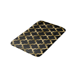 Gold & Black Ikat Quatrefoil Geometric Pattern Bath Mat