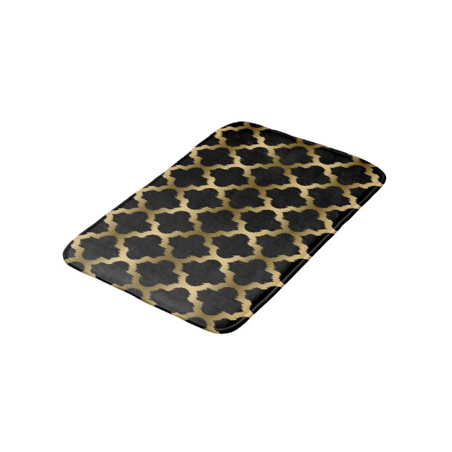 Gold & Black Ikat Quatrefoil Geometric Pattern Bath Mat (Angled)