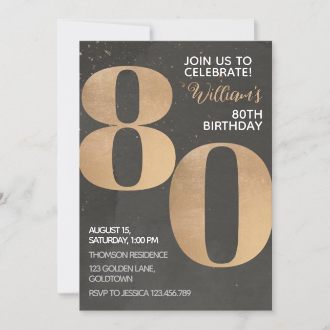 Gold Black Invitation d'anniversaire 80e (Devant)