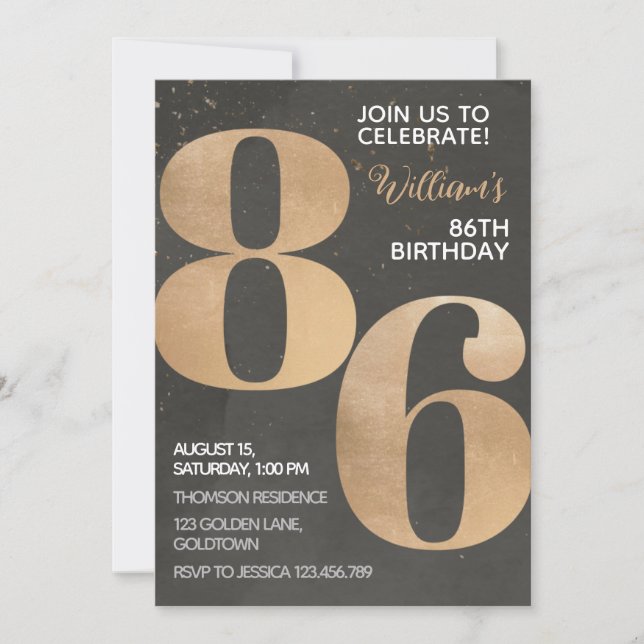 Gold Black Invitation d'anniversaire 86e (Devant)