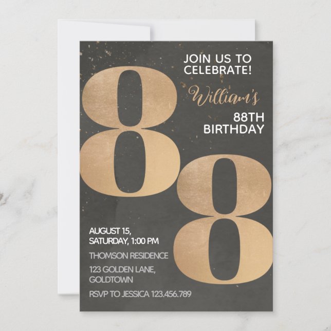 Gold Black Invitation d'anniversaire 88e (Devant)