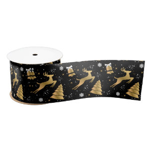 Gold Black Jumping Deer and Modern Tree Satin Ribbon