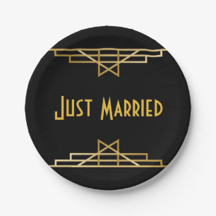 Gold & Black Just Married Art Deco, Gatsby Wedding Paper Plate