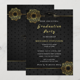 Gold Black Lace Flower Graduation Party Invitation