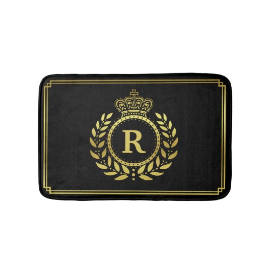 Gold Black Laurel Wreath Crown Royal Monogrammed Bath Mat