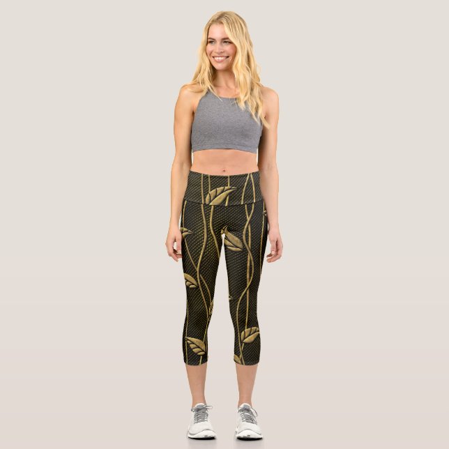 Gold & Black: Leaves 3D Texture. Capri Leggings (Front)