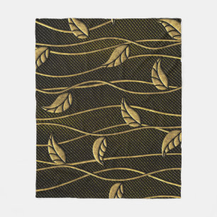Gold & Black: Leaves 3D Texture. Fleece Blanket