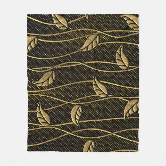 Gold & Black: Leaves 3D Texture. Fleece Blanket (Front)
