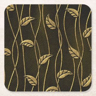 Gold & Black: Leaves 3D Texture. Square Paper Coaster