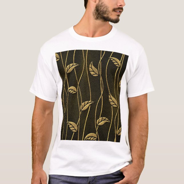 Gold & Black: Leaves 3D Texture. T-Shirt (Front)