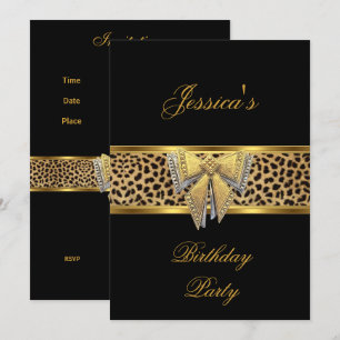 Gold Black Leopard bow Elegant Classy Birthday Invitation