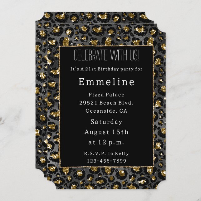 Gold Black Leopard Glitter  Invitation (Front/Back)