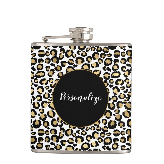 Gold Black Leopard Print Hip Flask (Front)