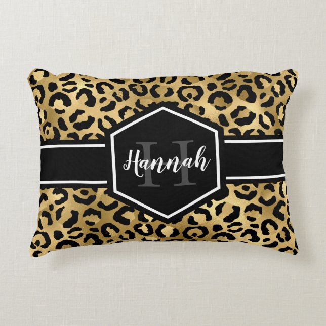 Gold Black Leopard Spots Monogram Accent Pillow (Front)