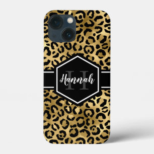 Gold Black Leopard Spots Monogram iPhone 13 Mini Case