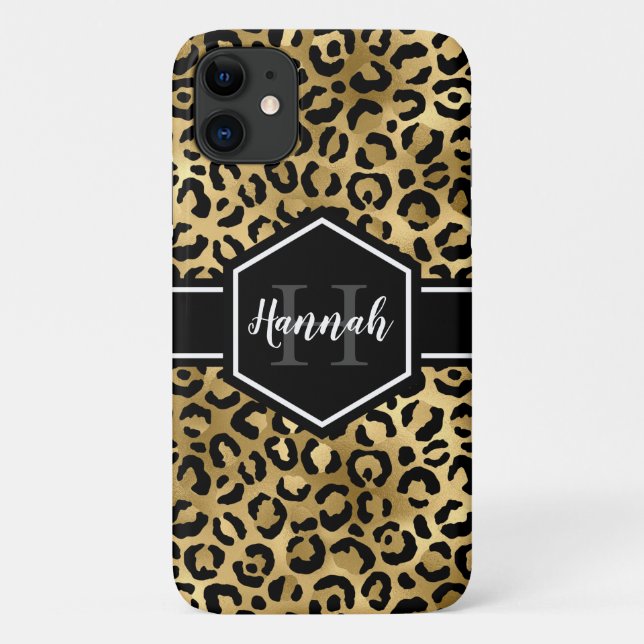 Gold Black Leopard Spots Monogram Case-Mate iPhone Case (Back)