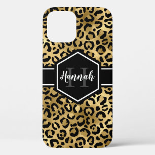 Gold Black Leopard Spots Monogram iPhone 12 Case