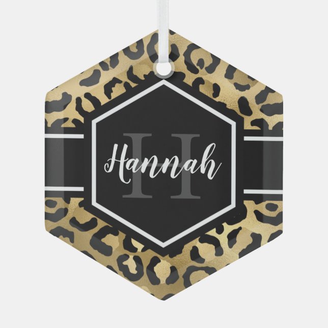 Gold Black Leopard Spots Monogram Glass Ornament (Front)
