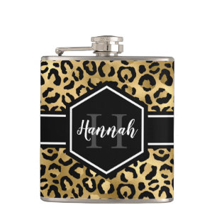 Gold Black Leopard Spots Monogram Hip Flask