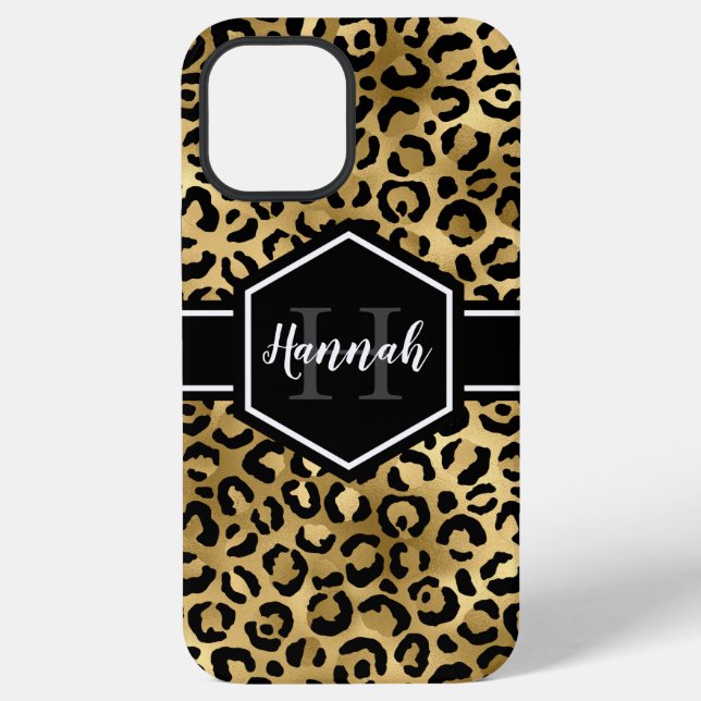 Gold Black Leopard Spots Monogram iPhone Case (Back)