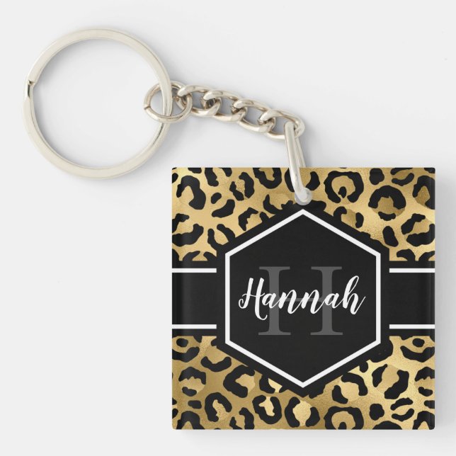 Gold Black Leopard Spots Monogram Keychain (Front)