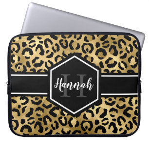 Gold Black Leopard Spots Monogram Laptop Sleeve