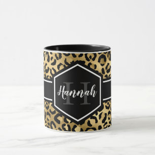 Gold Black Leopard Spots Monogram Mug