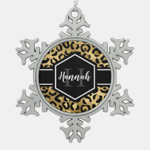 Gold Black Leopard Spots Monogram Snowflake Pewter Christmas Ornament