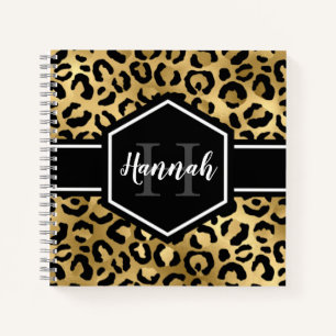 Gold Black Leopard Spots Monogram Square Notebook