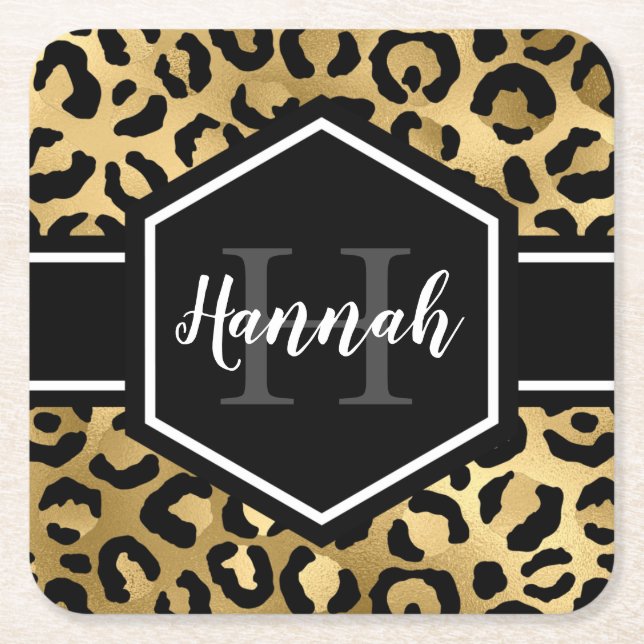 Gold Black Leopard Spots Monogram Square Paper Coaster (Front)