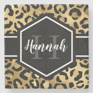 Gold Black Leopard Spots Monogram Stone Coaster