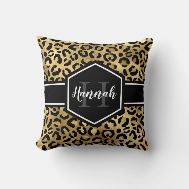 Gold Black Leopard Spots Monogram Throw Pillow (Front)
