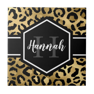 Gold Black Leopard Spots Monogram Tile
