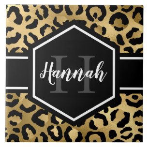 Gold Black Leopard Spots Monogram Tile