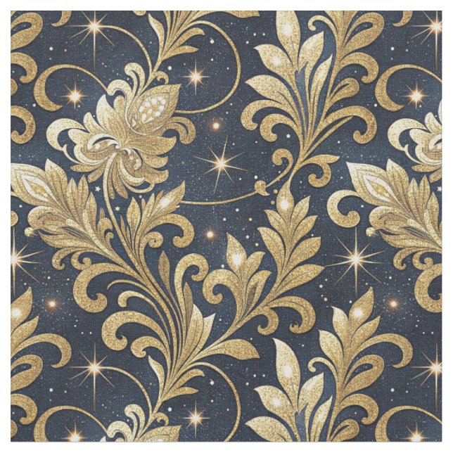 Gold & Black Luxurious Regal Damask Floral Pattern Fabric (Close Up)