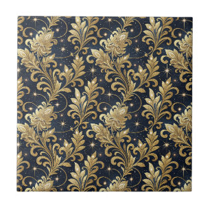 Gold & Black Luxurious Regal Damask Floral Pattern Tile