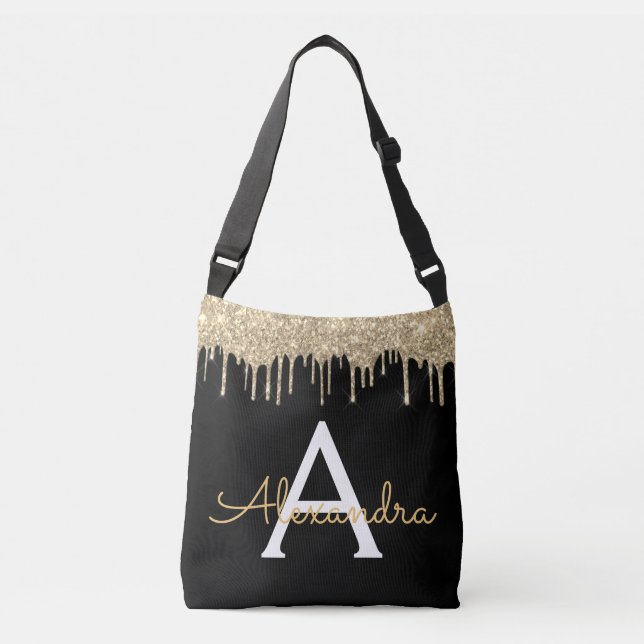Gold Black Luxury Glitter Glam Monogram Name Crossbody Bag (Front)