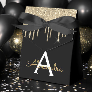 Gold Black Luxury Glitter Glam Monogram Name Favor Box