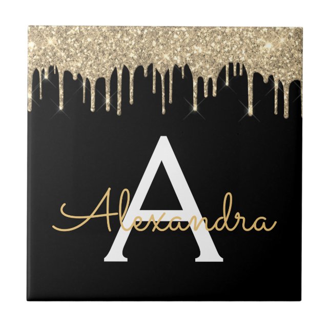 Gold Black Luxury Glitter Glam Monogram Name Tile (Front)