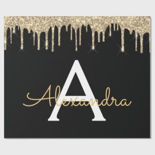 Gold Black Luxury Glitter Glam Monogram Name Wrapping Paper
