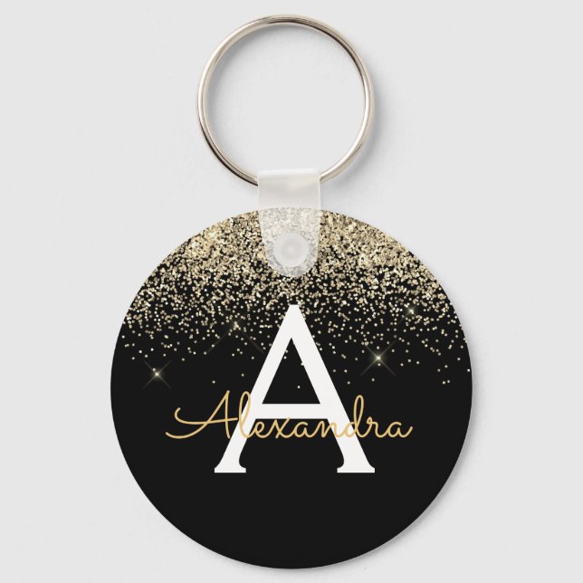 Gold Black Luxury Glitter Monogram Keychain (Front)